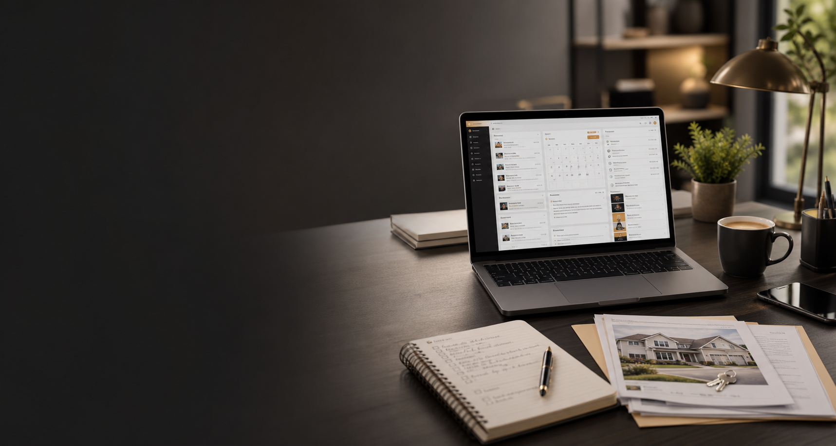 Organized real estate operations workspace with CRM dashboard, calendar, phone, and lead notes.